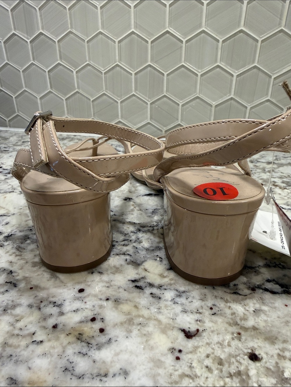 Patent Nude Low Block Heel Slingback Sandals - Picture 4 of 12